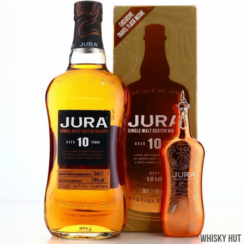 Jura 10 Year Old Single Malt Whisky 70cl - Exclusive Hip Flask Gift Set